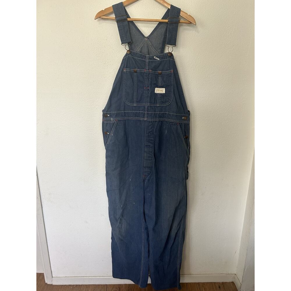 VTG 60s 70s MONTGOMERY WARD‎ PowrHouse Denim 38x27 Overalls Pants Bibs Logo Mens